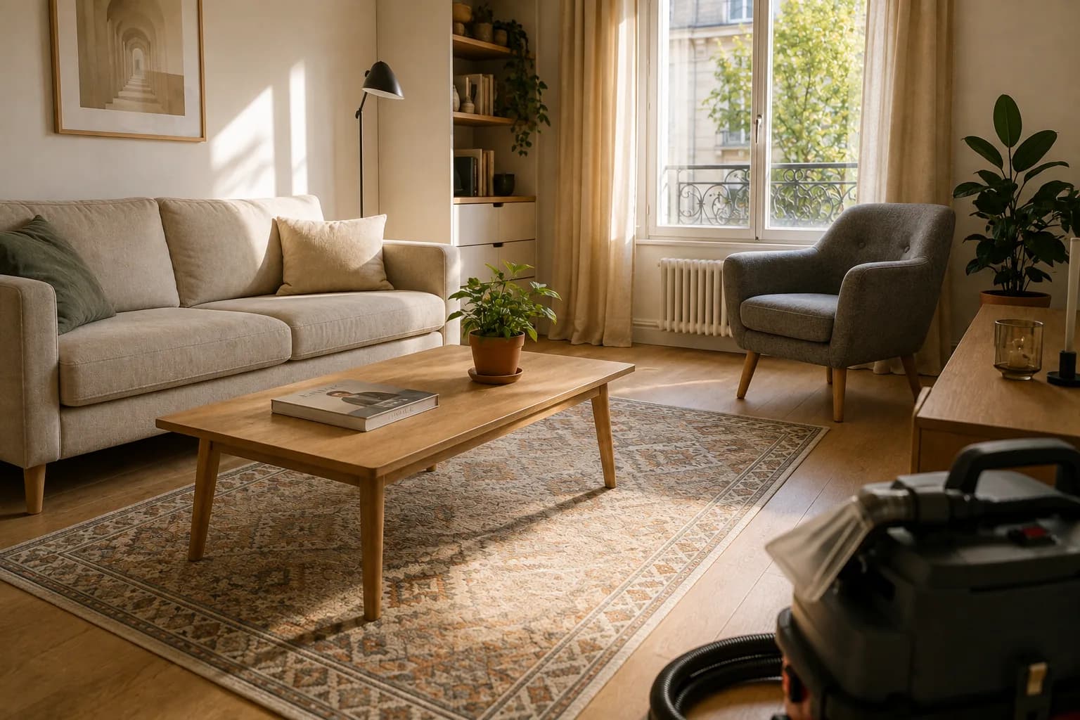 Salon ordonné avec canapé, tapis et fauteuil, matériel de nettoyage professionnel au premier plan