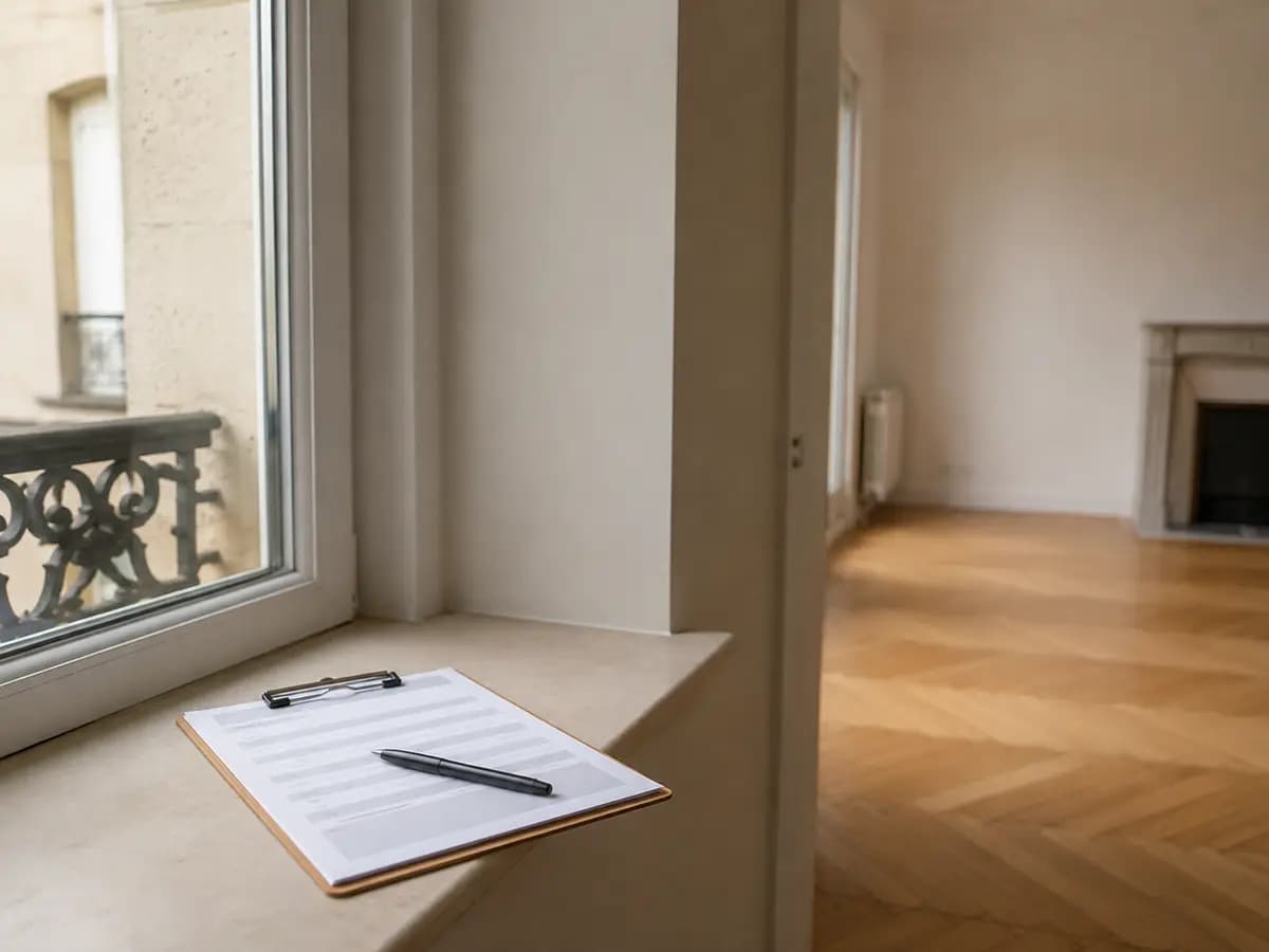 Constat d'état des lieux rempli sur une planche à pince dans un logement vide