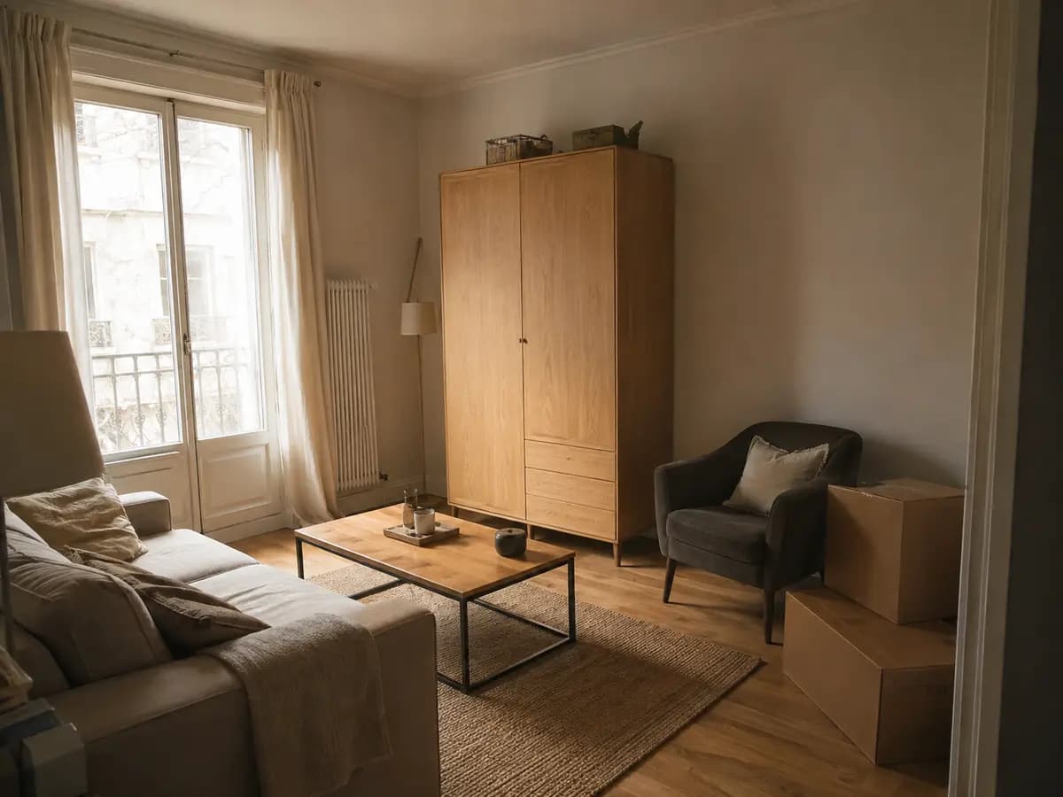 Pièce encore meublée avant un déménagement, où le sol reste inaccessible sous les meubles
