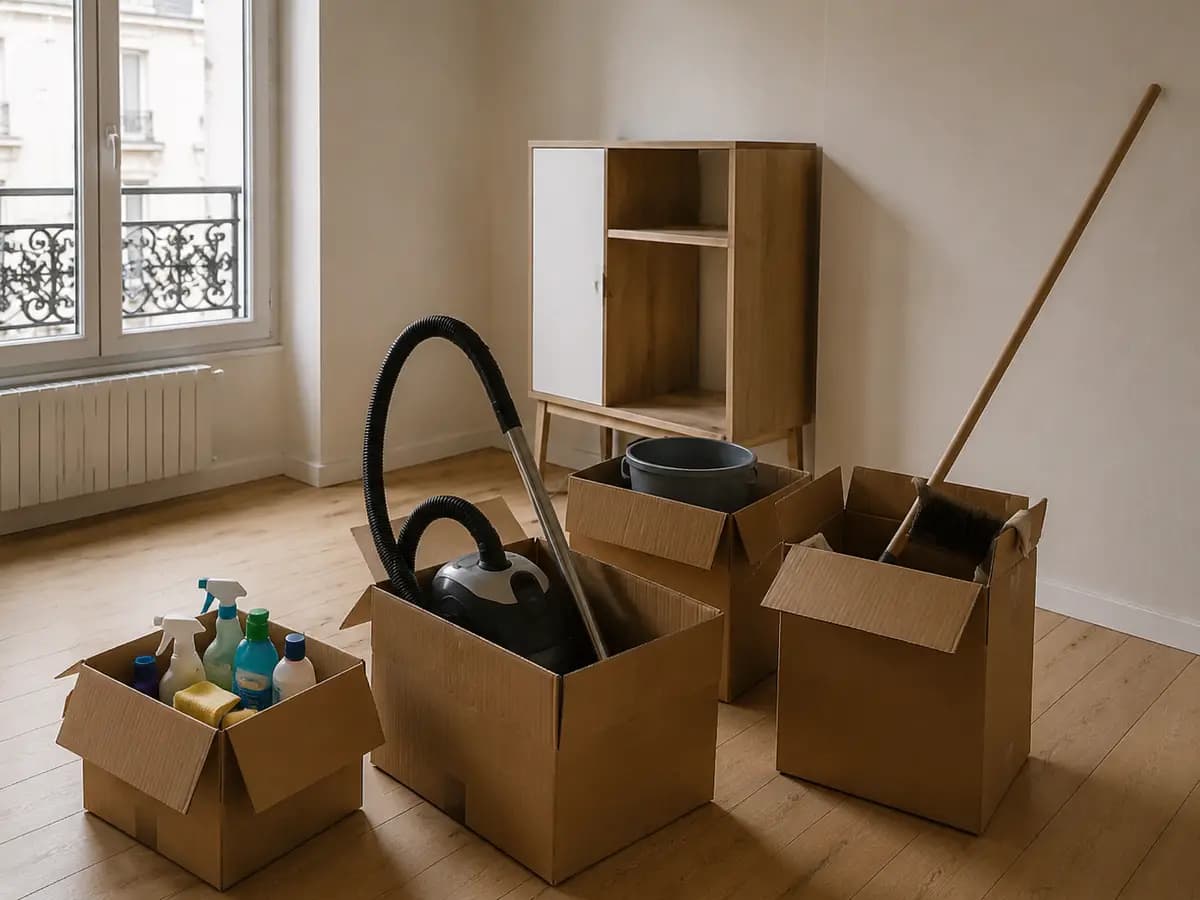 Aspirateur et produits ménagers rangés dans des cartons, prêts à partir avec le déménagement