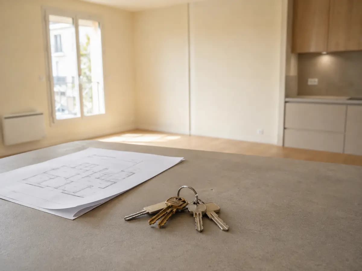 Trousseau de clés posé à côté d'une facture détaillée dans un logement vide et propre