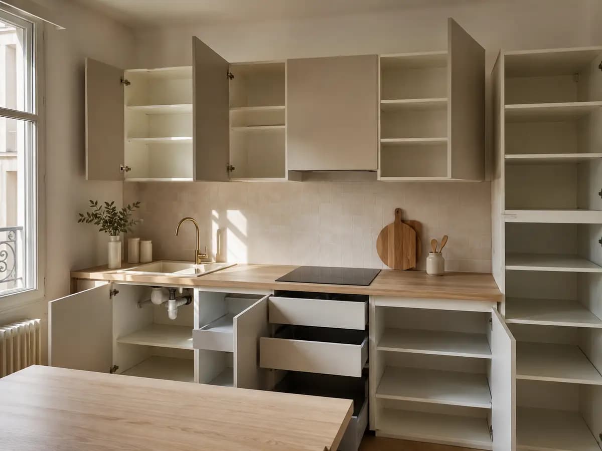 Cuisine dégraissée dans un logement vide, plan de travail et intérieur des meubles nettoyés