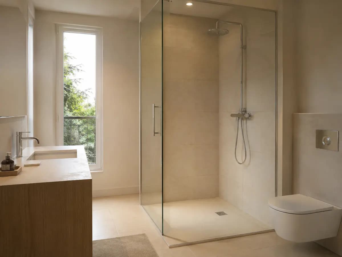 Douche aux joints détartrés et robinetterie détartrée dans une salle de bain vide