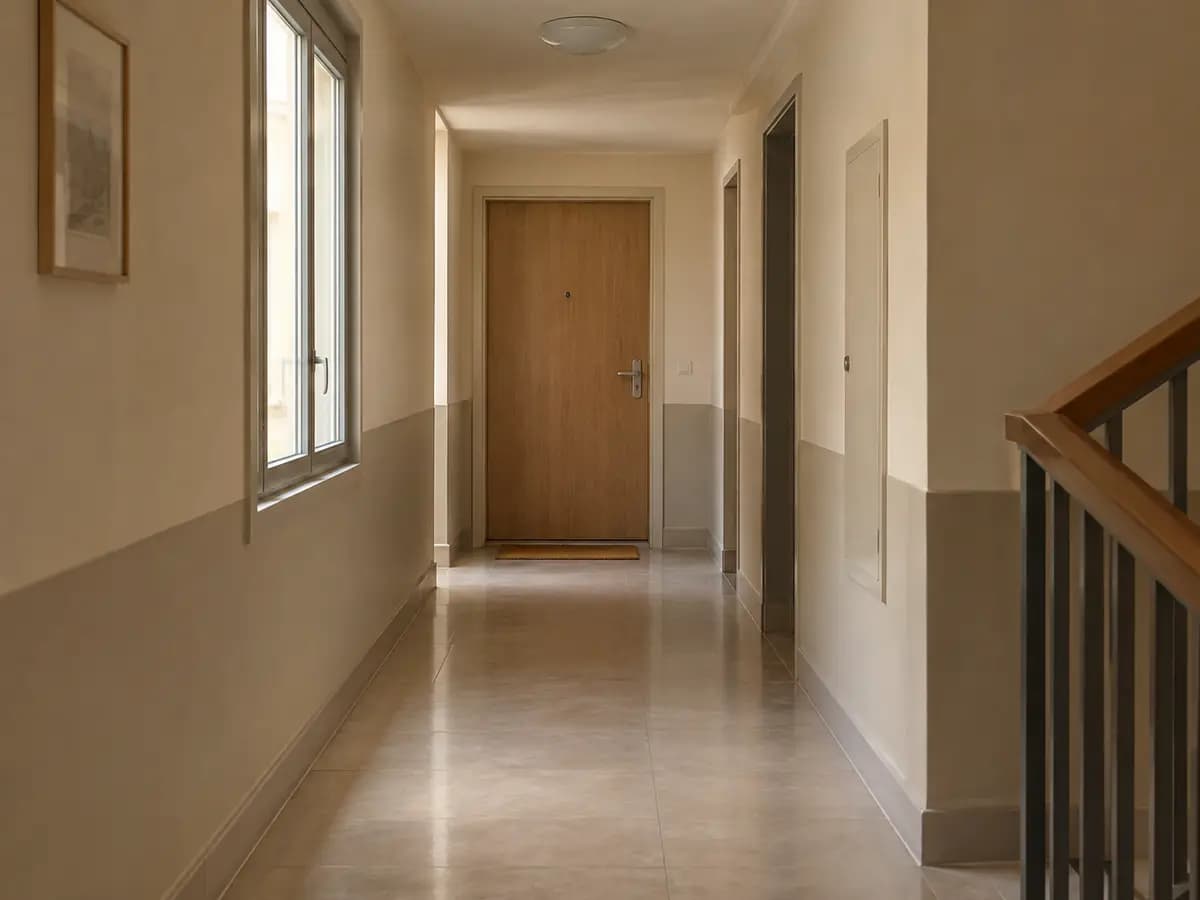 Couloir d'immeuble calme et ordinaire menant à une porte d'appartement fermée