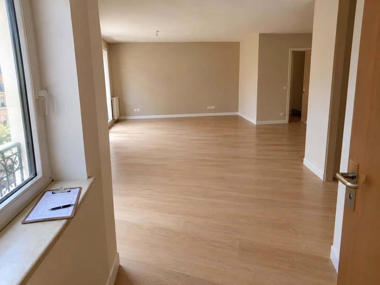 Logement vide et propre, planche à pince avec formulaire d'état des lieux sur une fenêtre