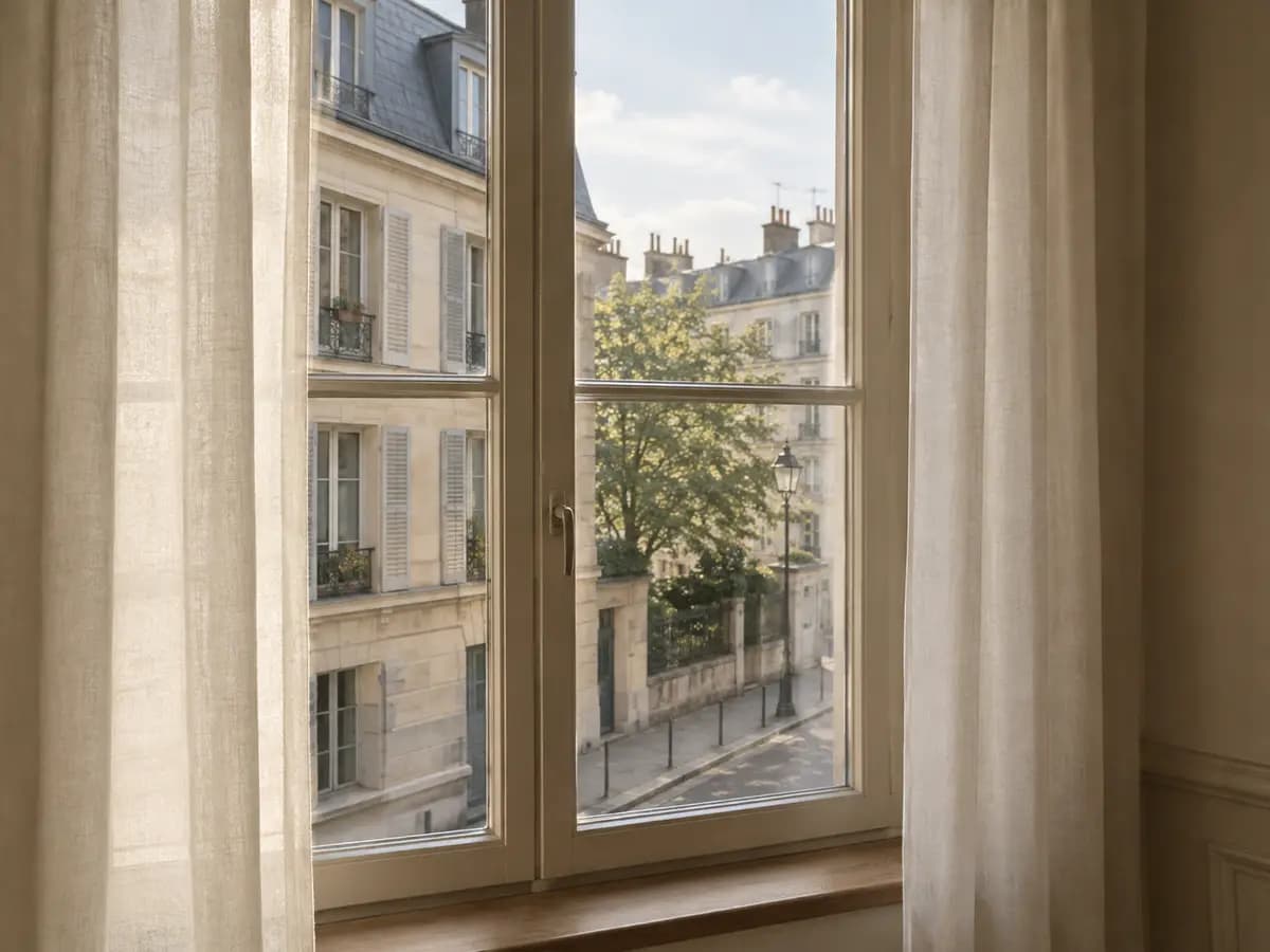 Fenêtre de logement ordinaire donnant sur une rue calme, vue depuis l'intérieur