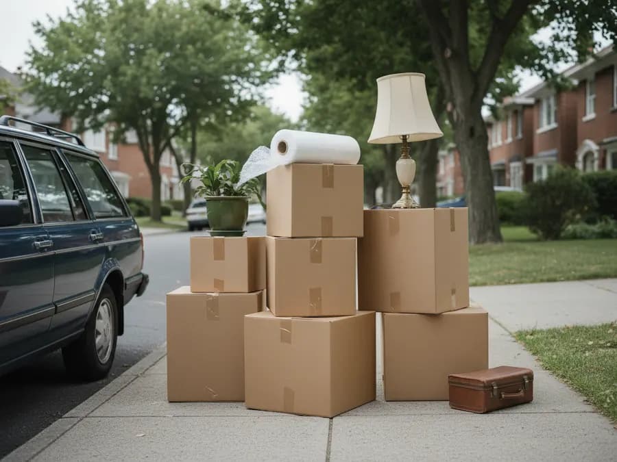 Cartons entassés sur un trottoir à côté d'une voiture, trop nombreux pour un coffre