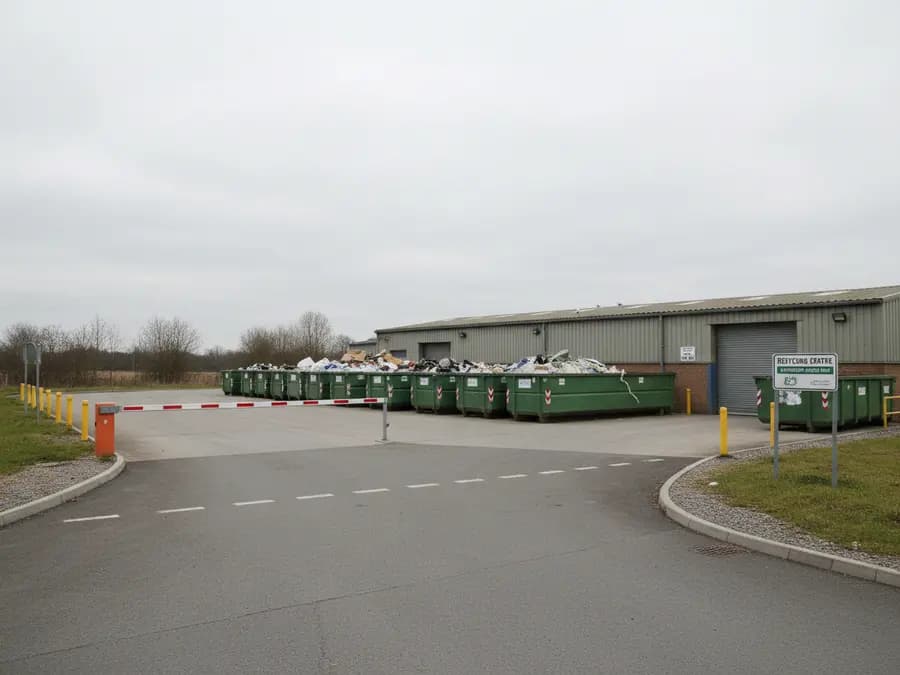 Entrée de déchèterie fermée par une barrière, bennes alignées derrière