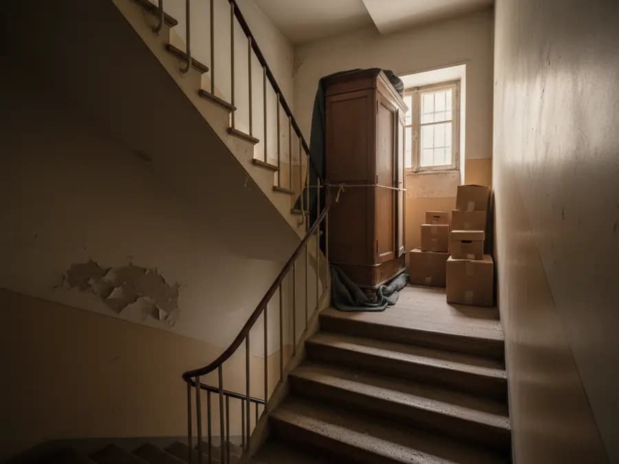 Armoire bloquée dans un escalier étroit lors d'un débarras