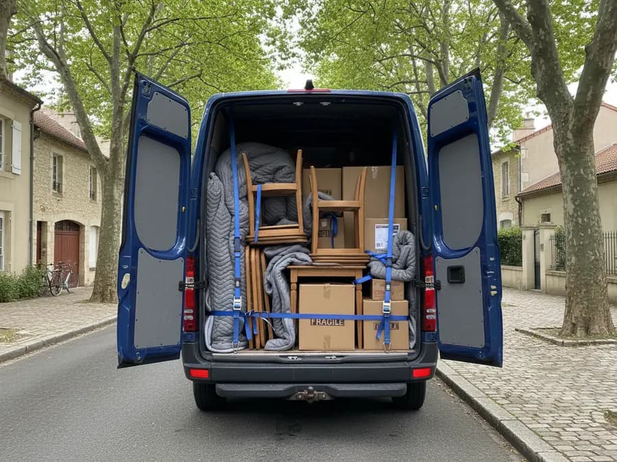 Véhicule utilitaire chargé et calé devant un immeuble après le débarras