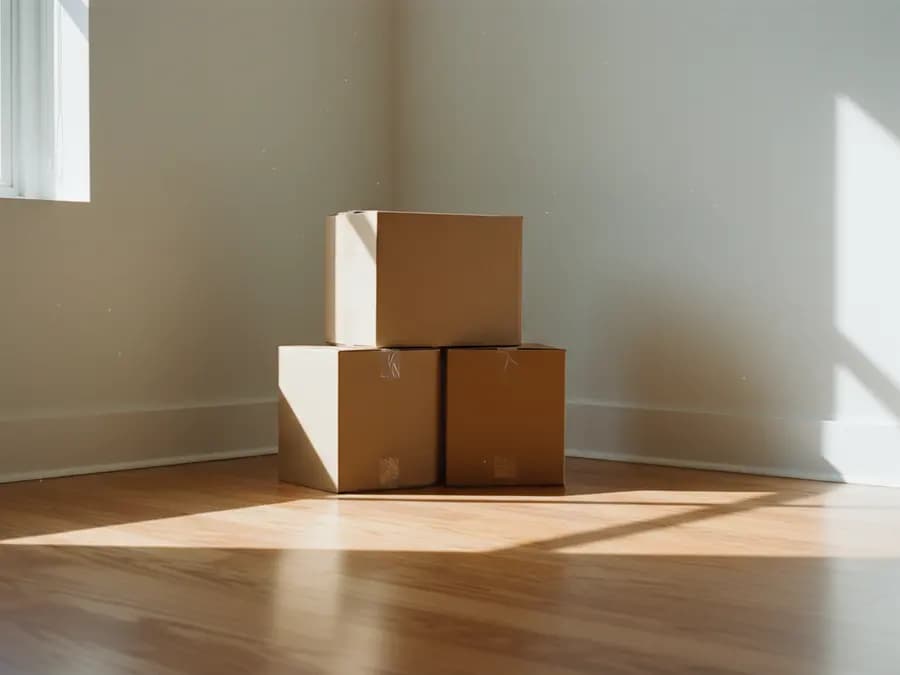 Quelques cartons mis de côté dans une pièce vide, affaires conservées