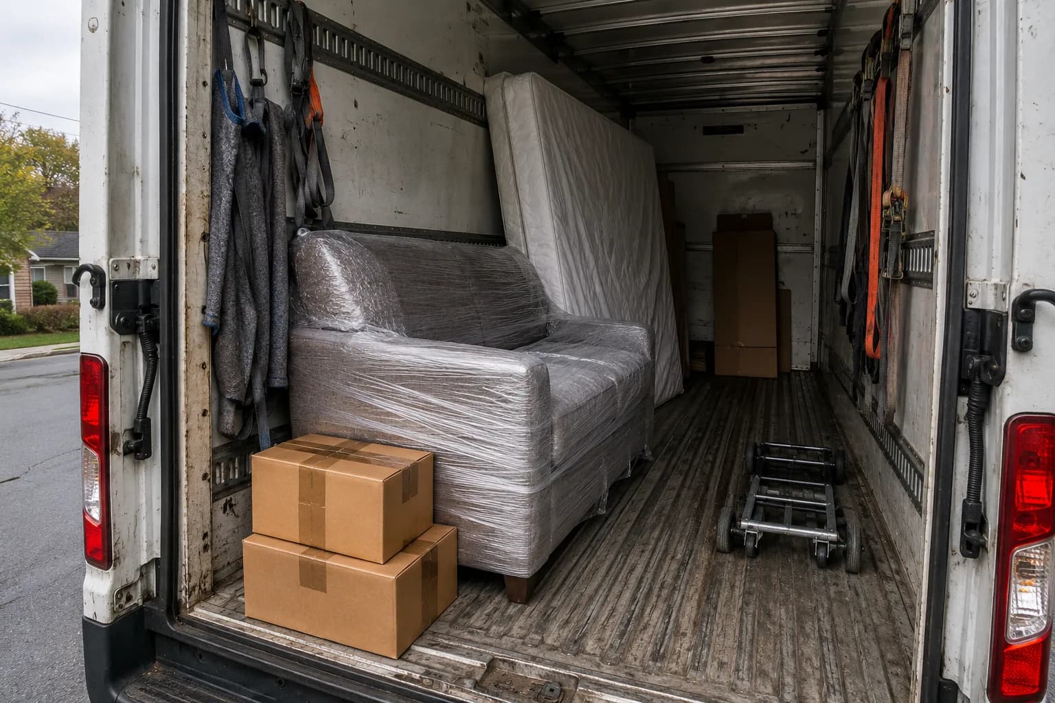 Canapé et matelas protégés, chargés à l'arrière d'un camion de déménagement