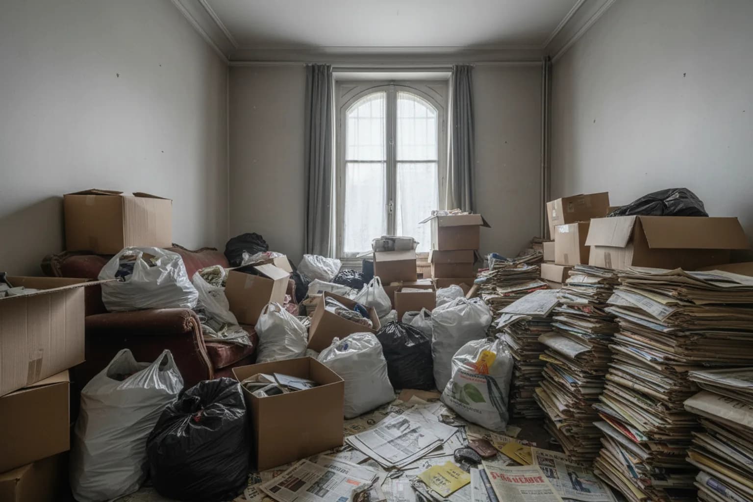 Pièce de vie saturée de cartons, de sacs et de piles de journaux, illustration