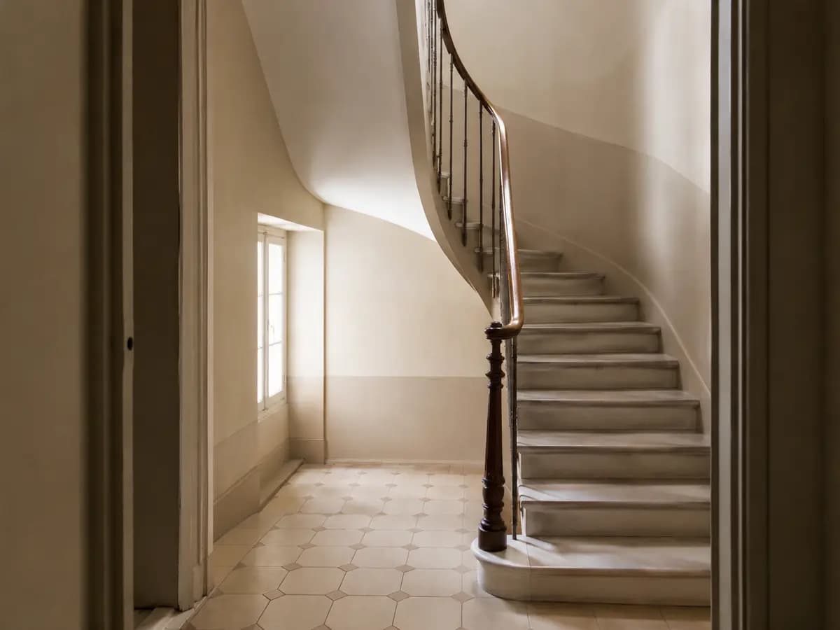 Cage d'escalier et palier d'immeuble vus depuis la porte du logement