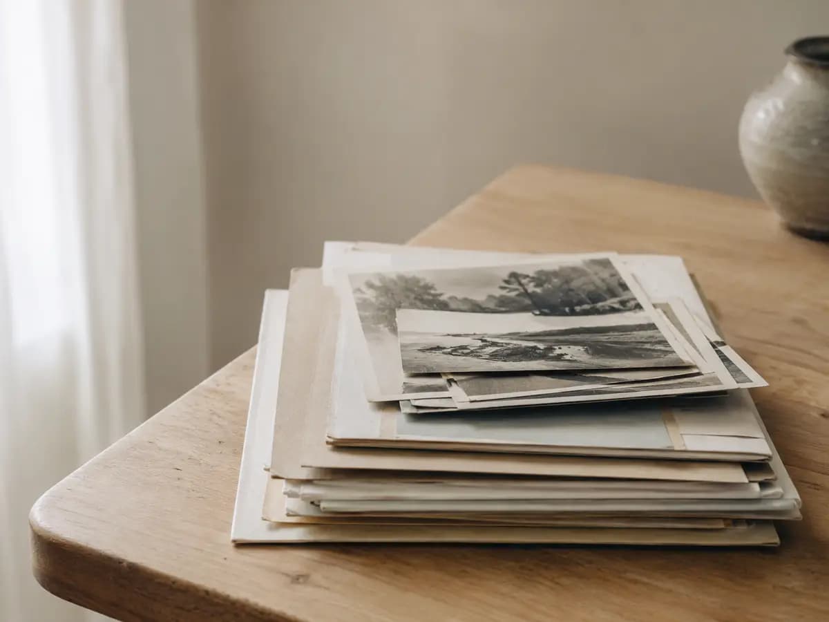 Papiers administratifs et photos anciennes rassemblés sur un coin de table
