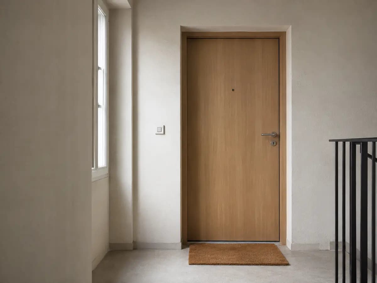 Porte d'appartement fermée sur un palier d'immeuble ordinaire