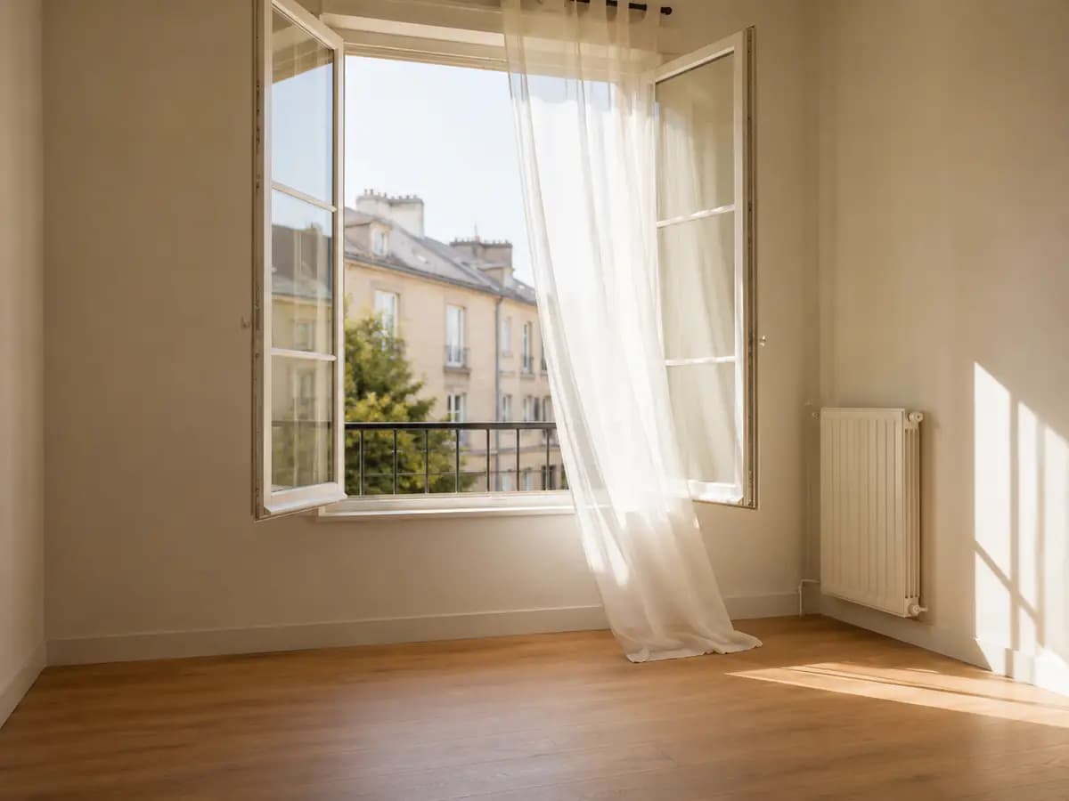 Fenêtre ouverte sur une pièce vide et aérée, sol entièrement dégagé