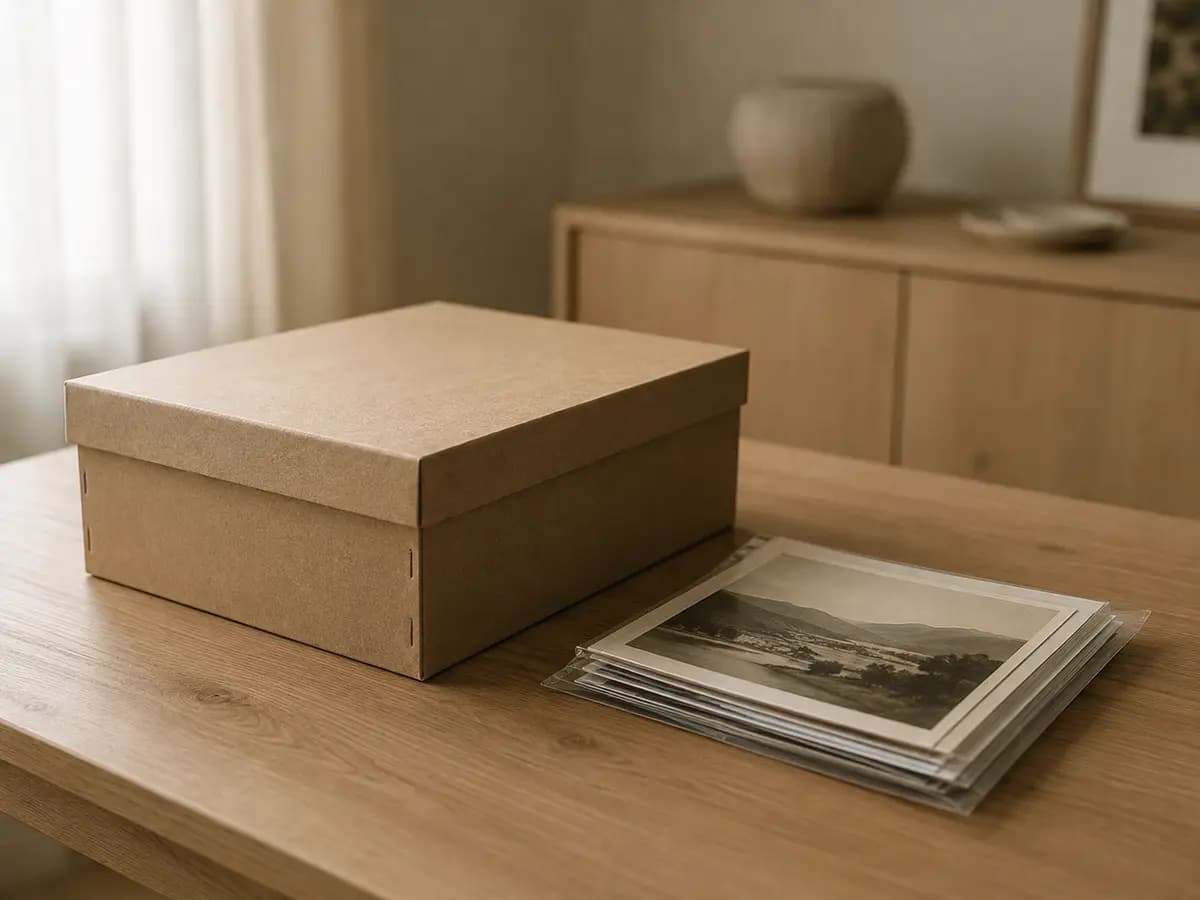 Boîte d'archives et pochette de photos mises de côté pour être rendues
