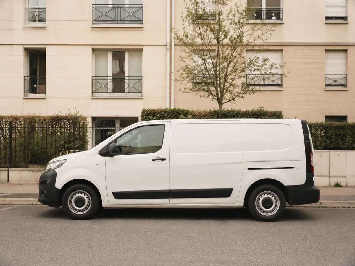 Véhicule utilitaire blanc sans aucun marquage, stationné devant un immeuble