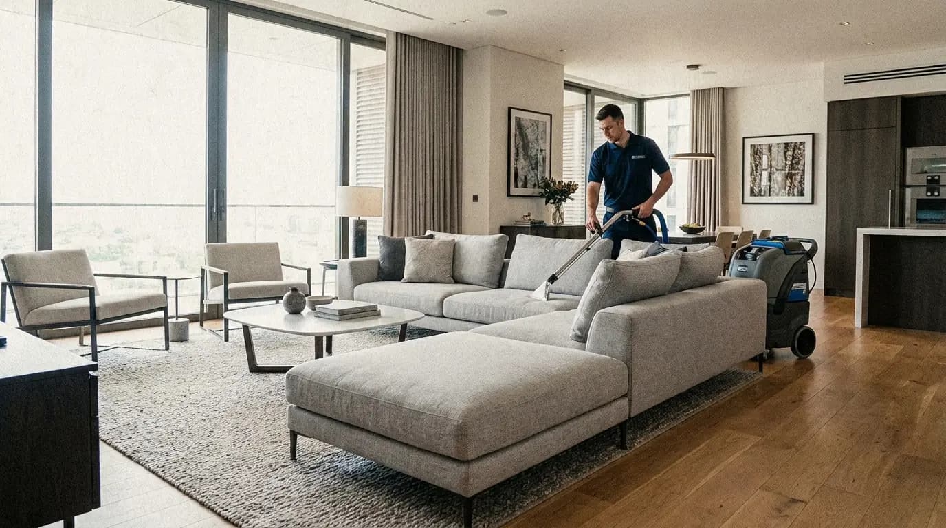 Technicien Debanet nettoyant un canapé dans un salon lumineux