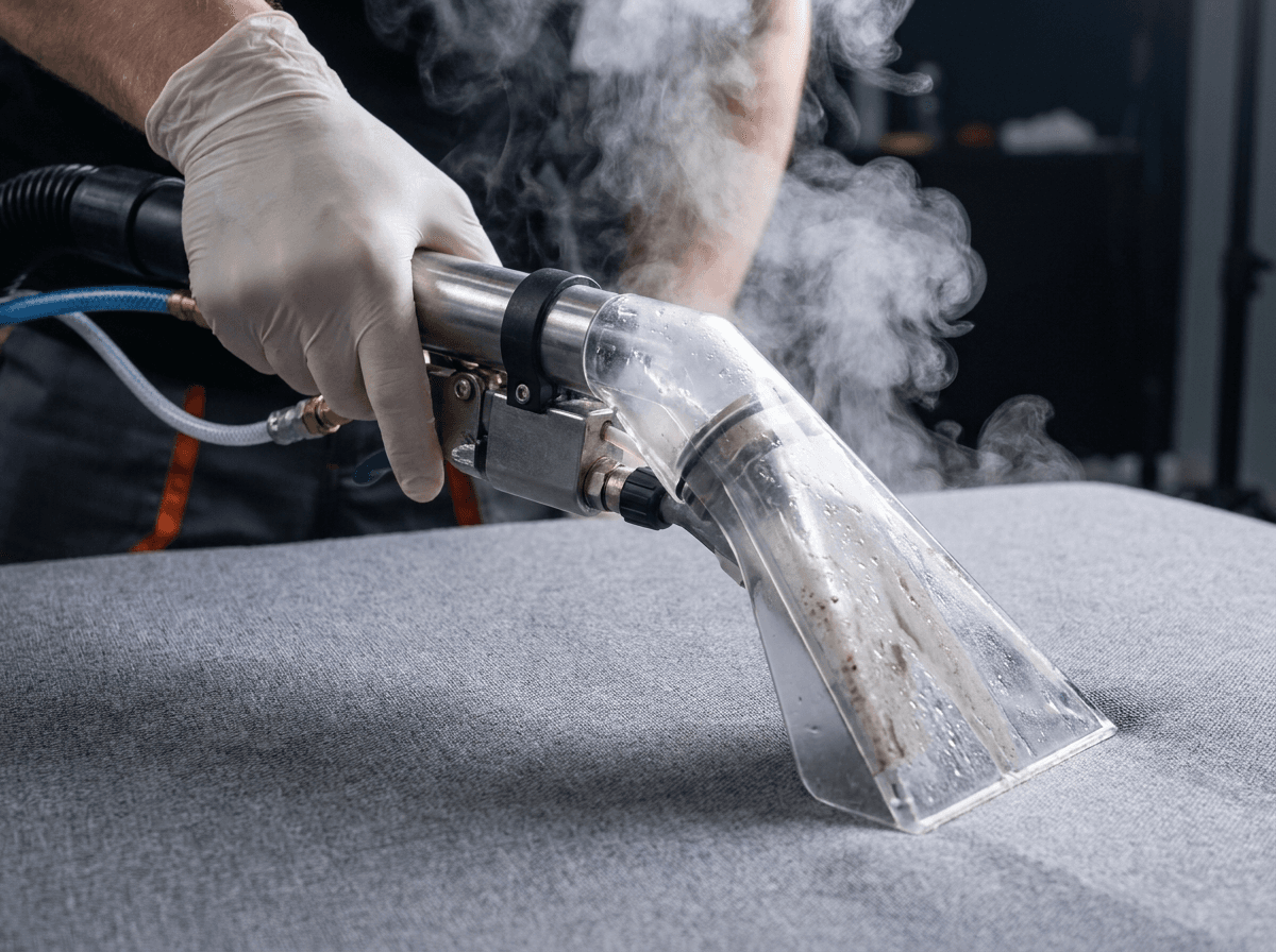 Outil professionnel d'injection-extraction en action sur un textile