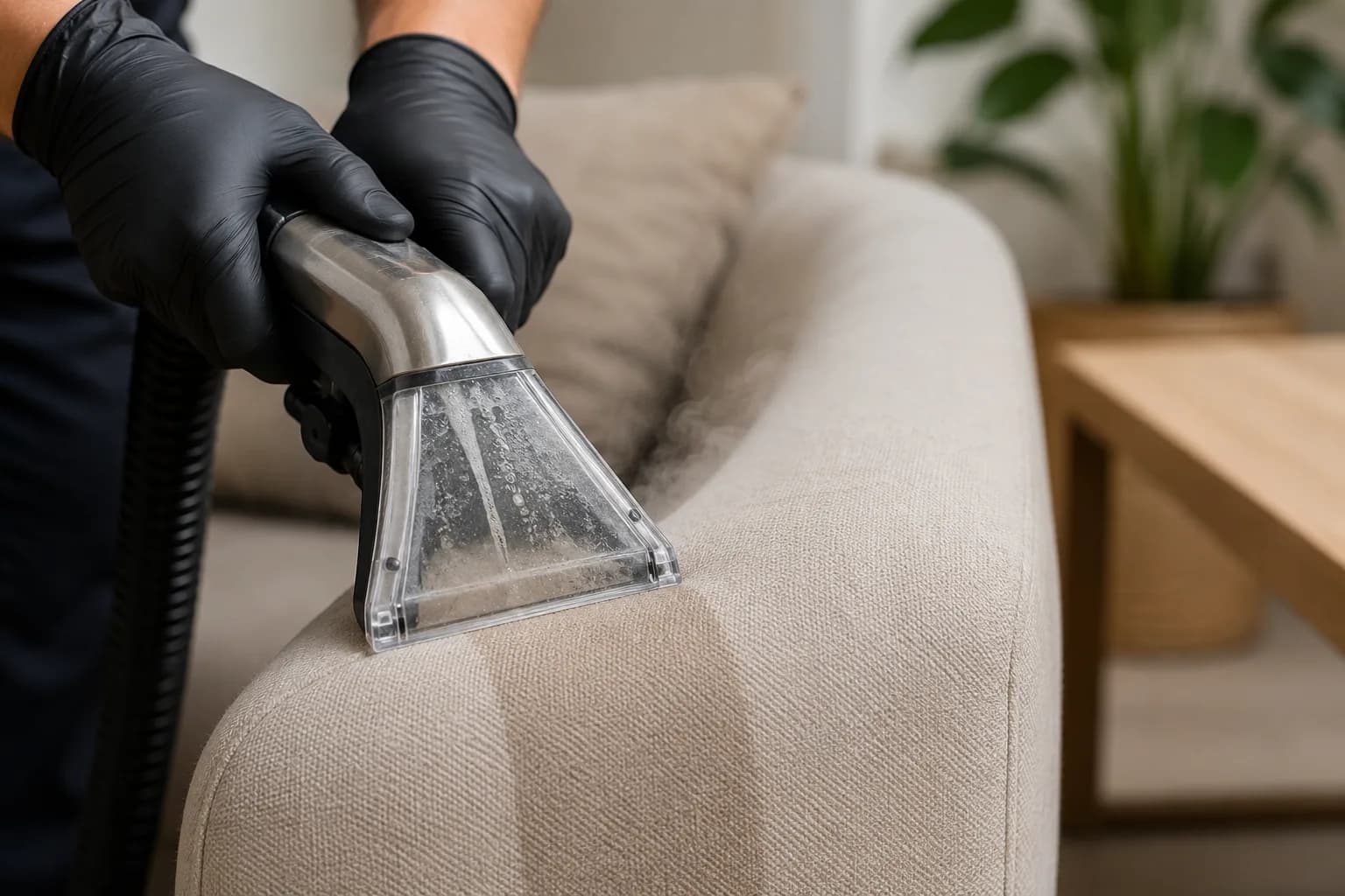 Canapé en tissu traité par injection-extraction dans un salon