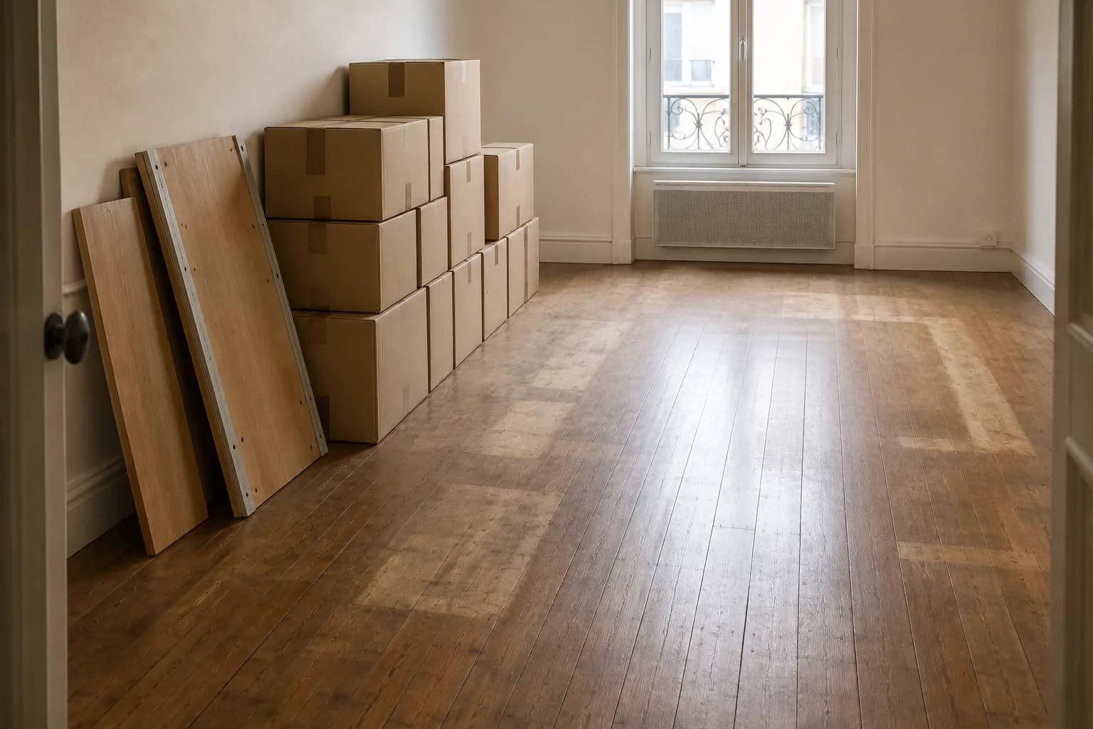 Logement en cours de débarras, cartons empilés avec soin et sol dégagé