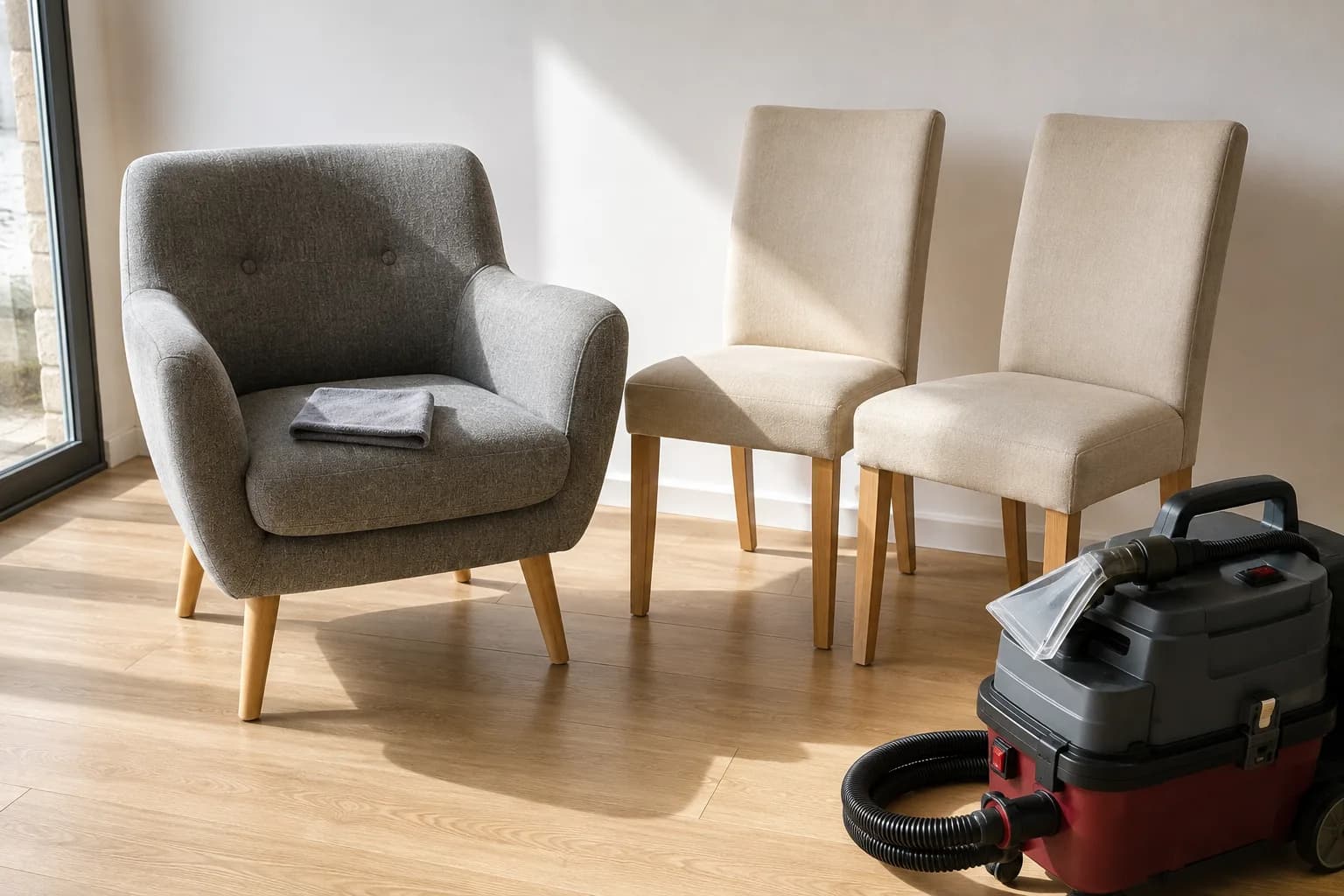 Fauteuil et chaises rassembles avant traitement, machine professionnelle a cote