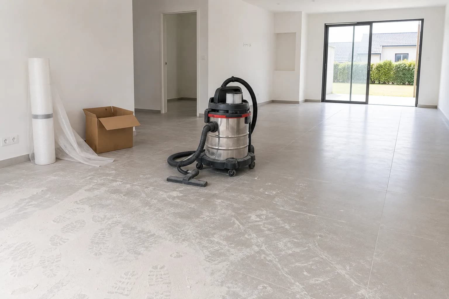 Appartement après travaux, poussière de chantier au sol avant nettoyage de livraison
