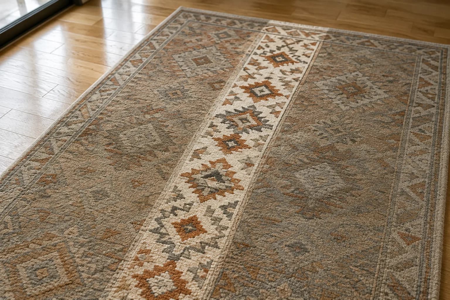 Tapis en cours de nettoyage, bande traitee nettement plus nette que le reste