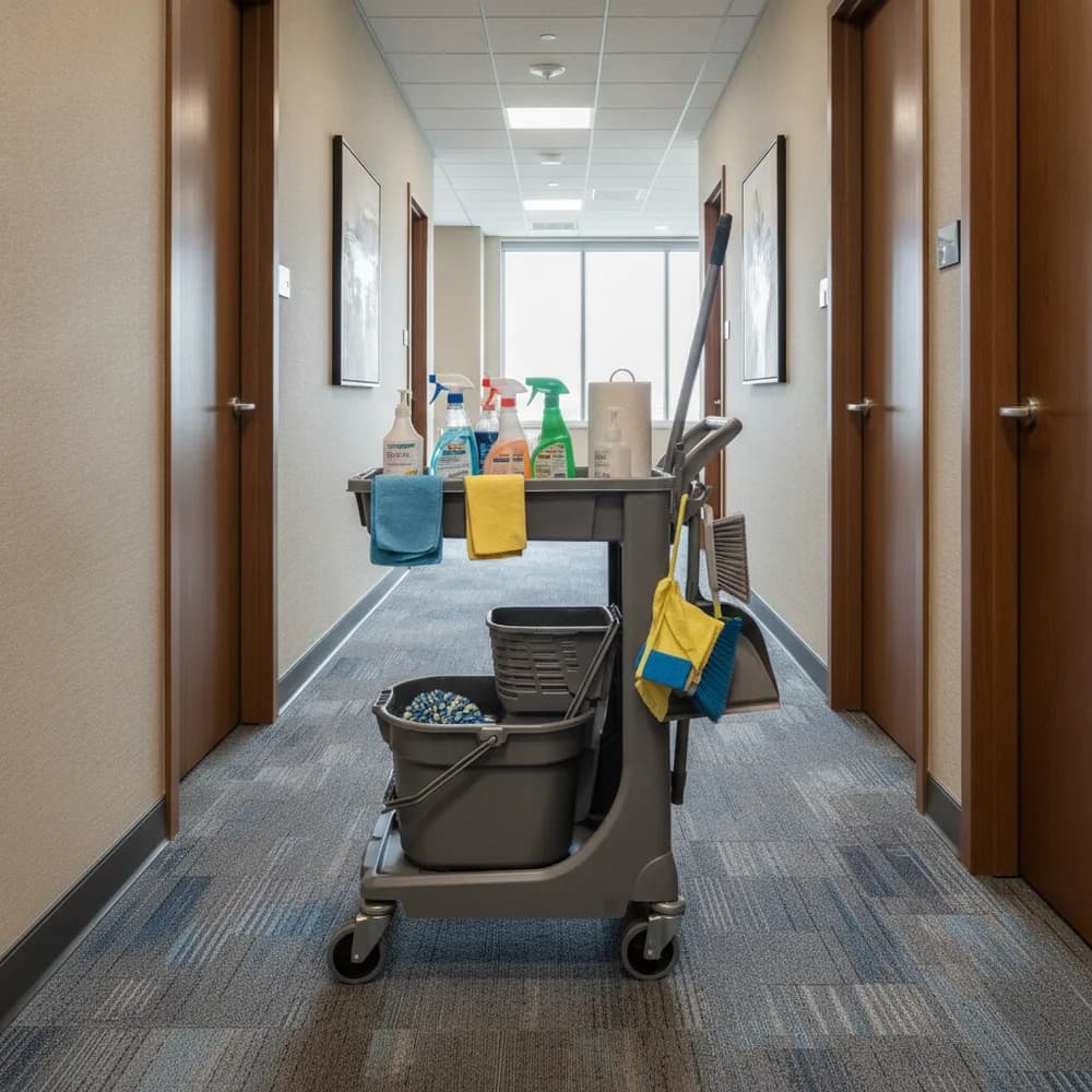 Chariot de nettoyage professionnel rangé dans un couloir de bureau, illustration