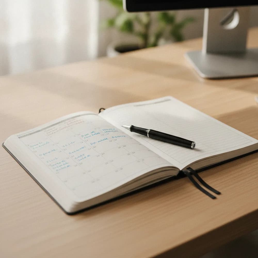 Agenda ouvert et stylo sur un bureau, illustration