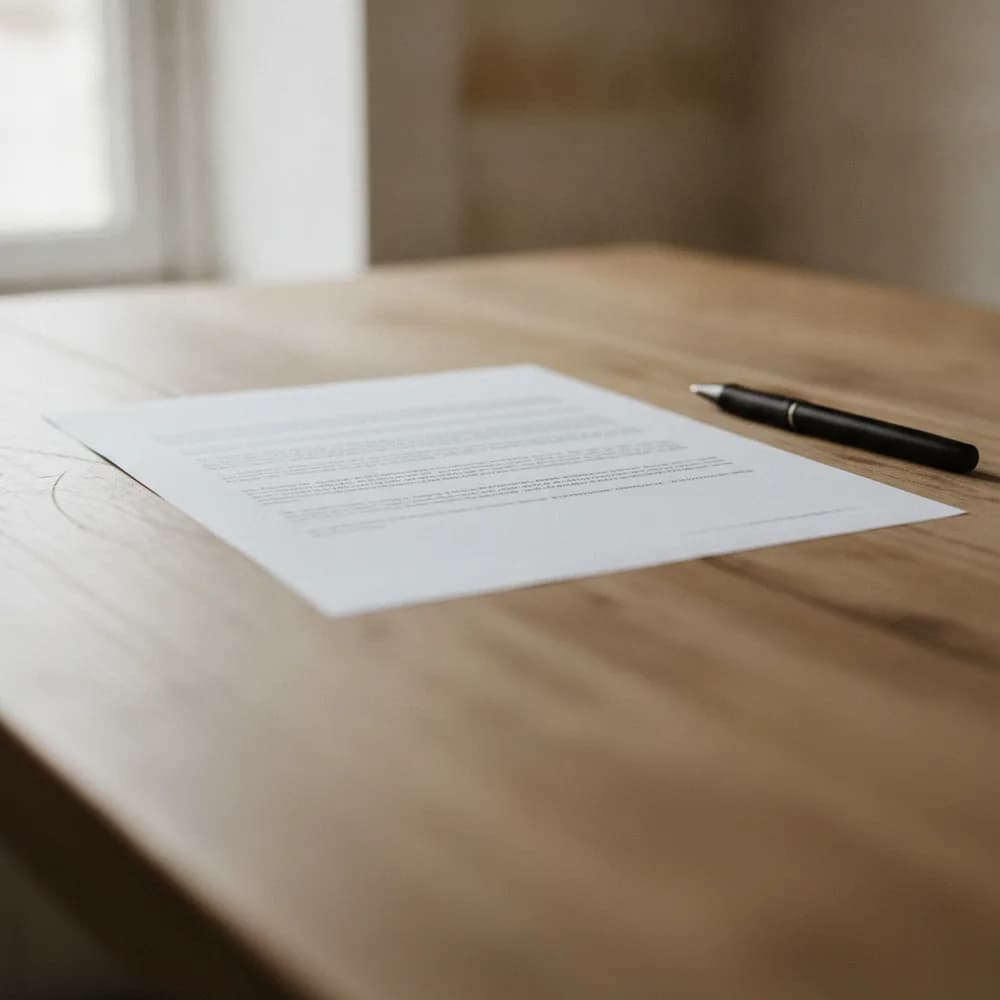 Document et stylo posés sur un bureau en bois, illustration