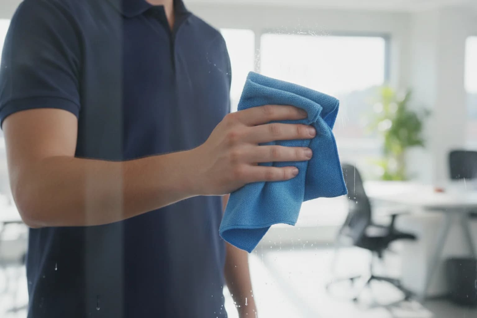 Nettoyage d'une cloison vitrée de bureau avec une microfibre, illustration