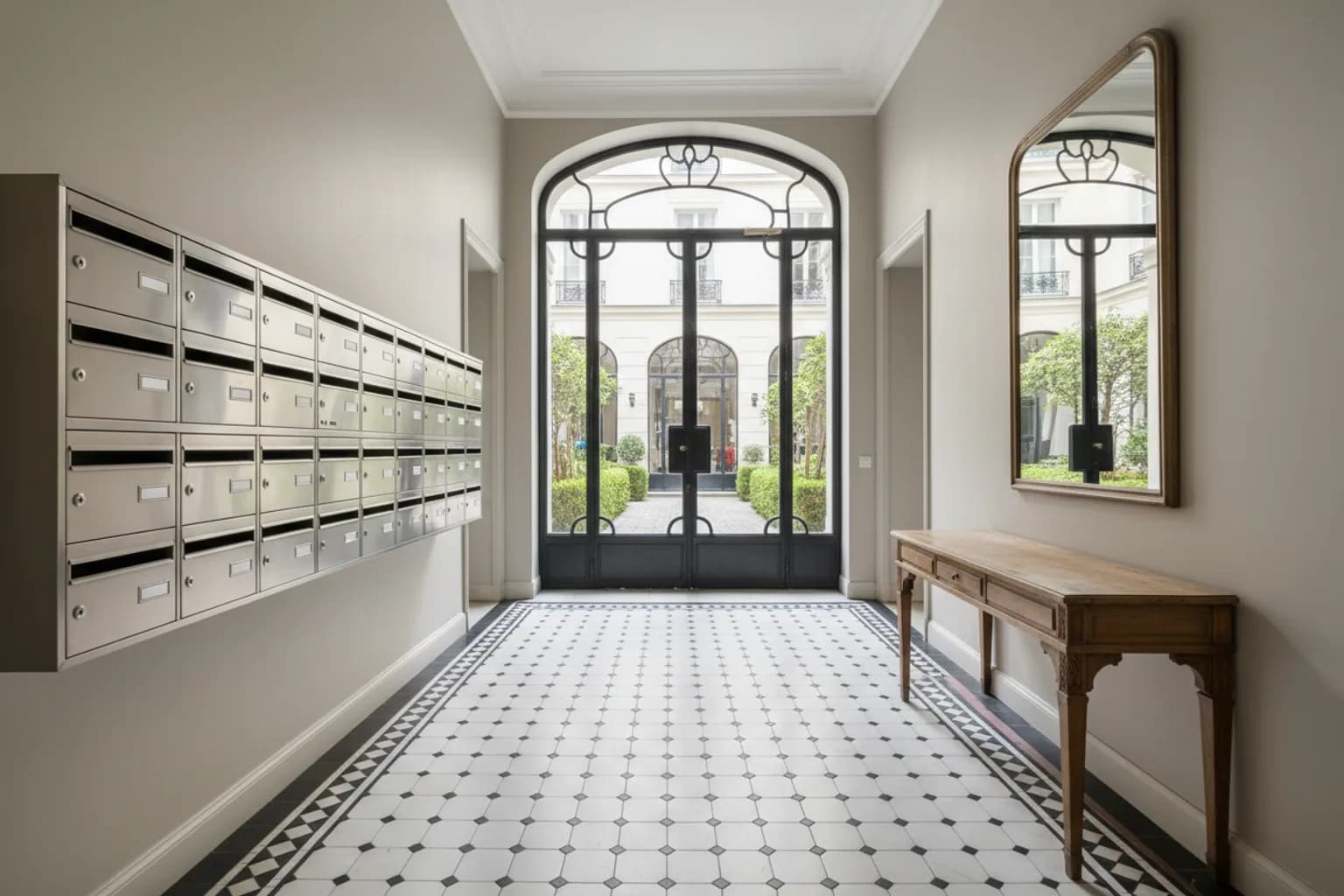 Hall d'entrée d'immeuble avec ses boîtes aux lettres, propre et éclairé