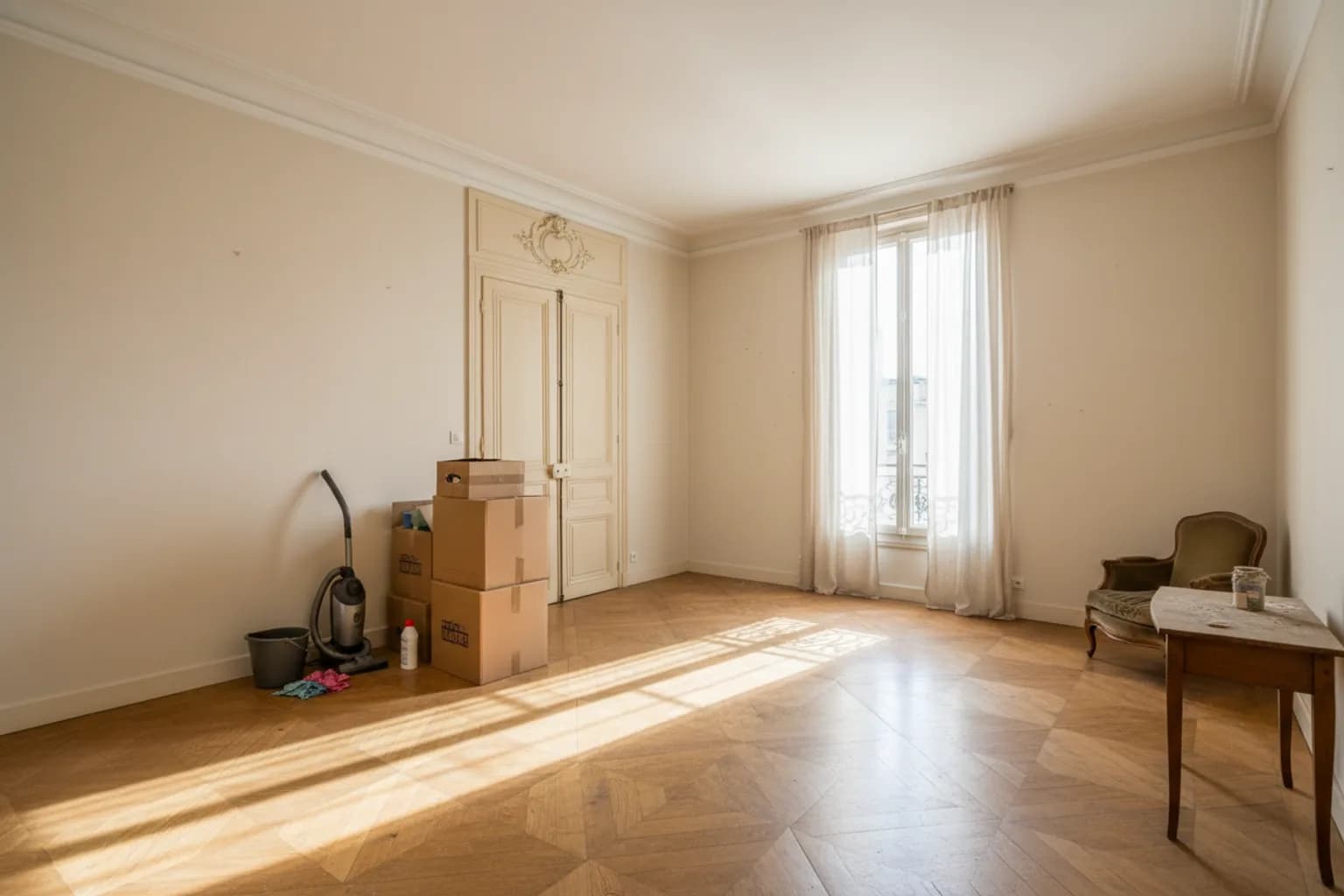 Logement en cours d'être vidé et nettoyé, cartons près de la porte et sol déjà dégagé
