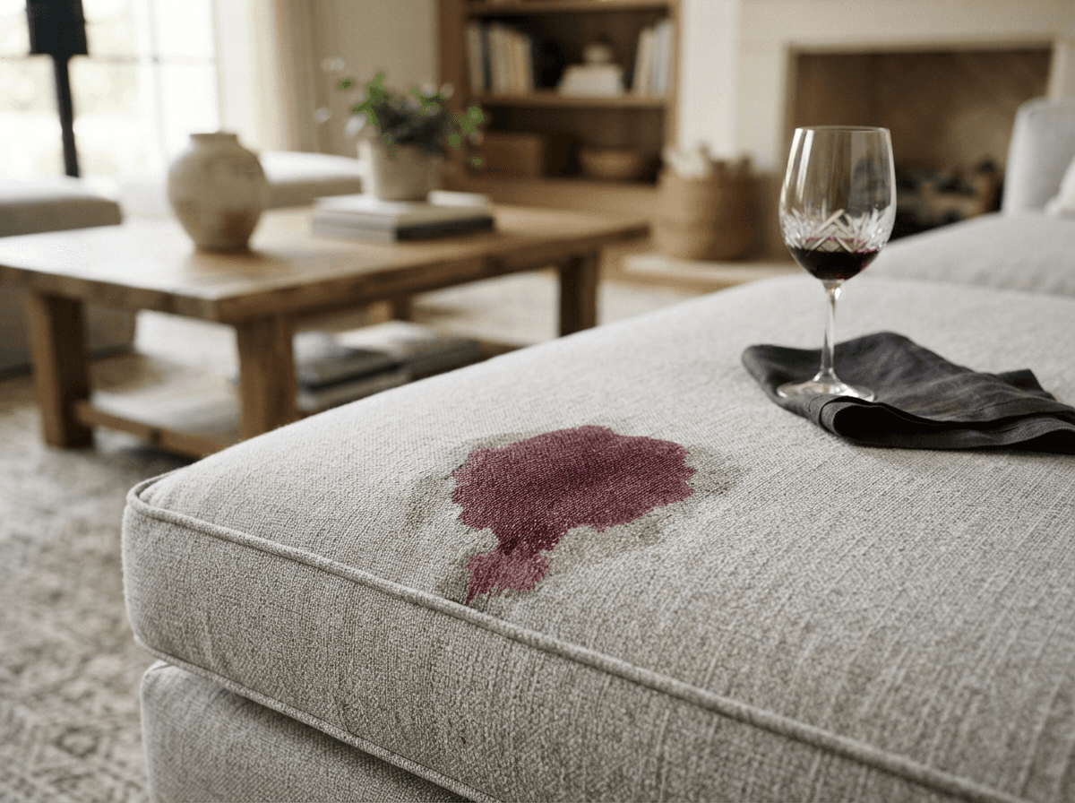 Tache de vin rouge visible sur un pouf clair