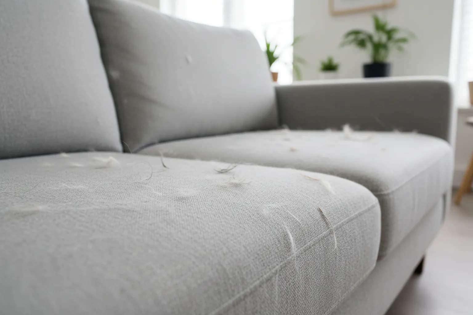 Assise de canapé en tissu gris clair couverte de poils d'animaux blancs