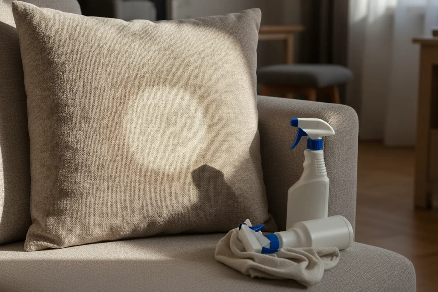 Auréole décolorée laissée sur un coussin par un produit du commerce