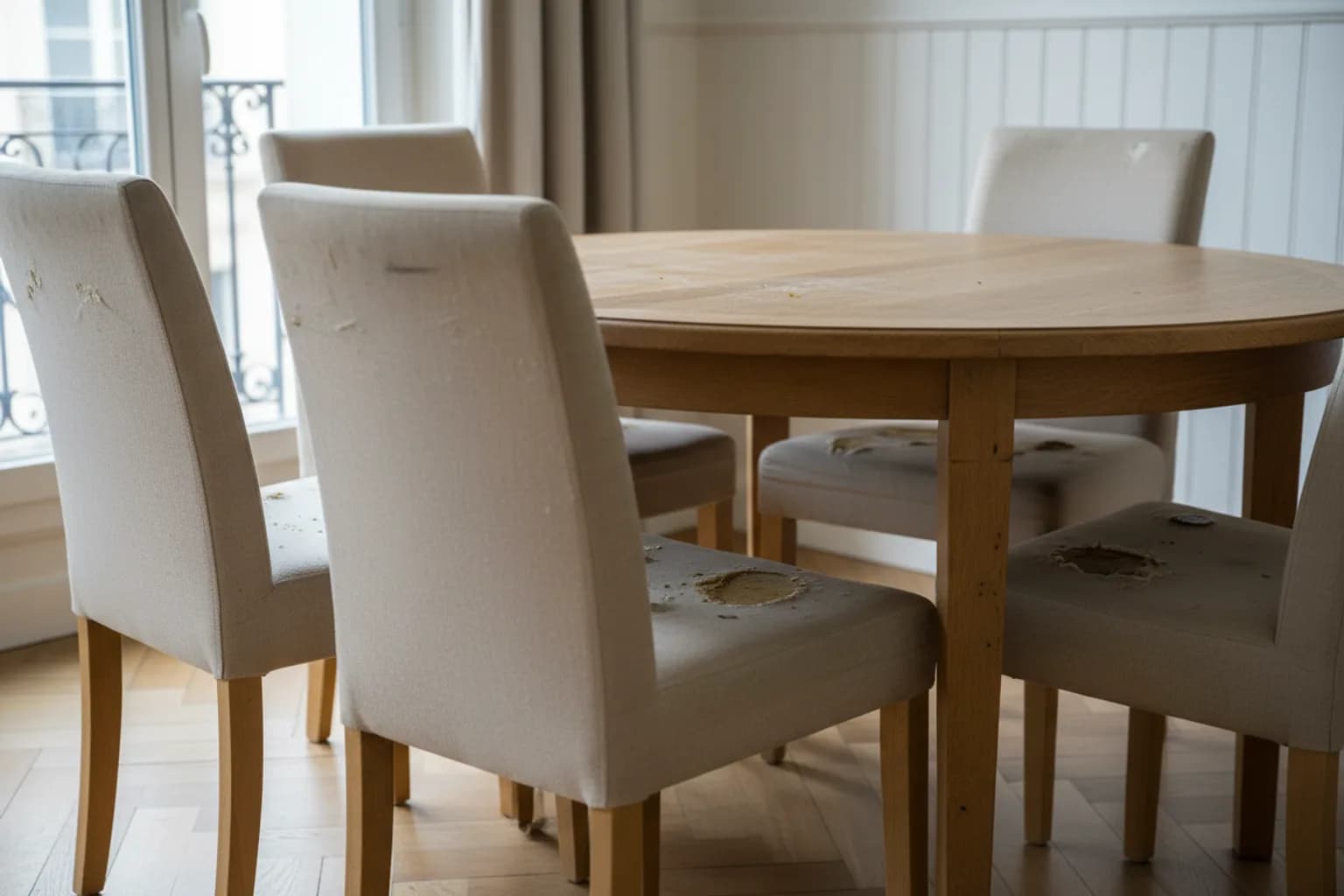 Chaises de salle à manger en tissu beige aux assises marquées