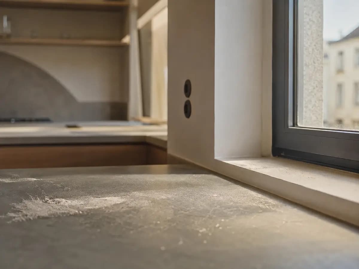 Fin voile de poussière de chantier déposé sur un plan de travail et un rebord de fenêtre