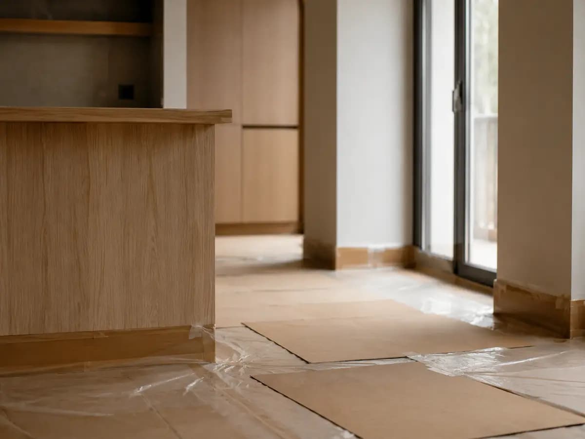 Films plastiques et cartons de protection encore scotchés au sol et aux menuiseries