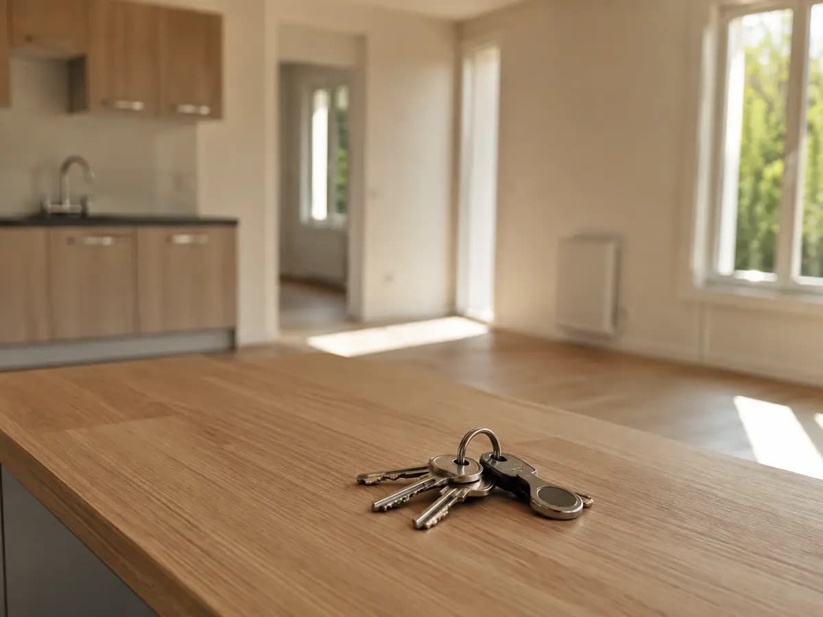 Trousseau de clés posé dans un logement rénové et propre, prêt pour la remise