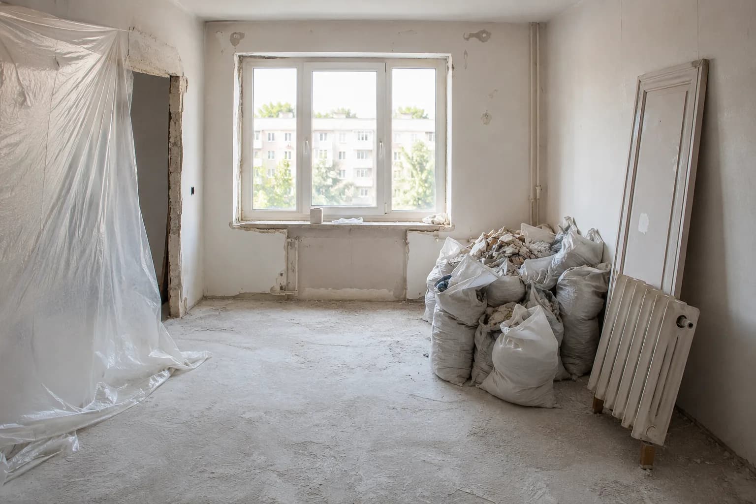 Appartement après travaux, poussière de ponçage au sol et sacs de gravats à évacuer dans un coin