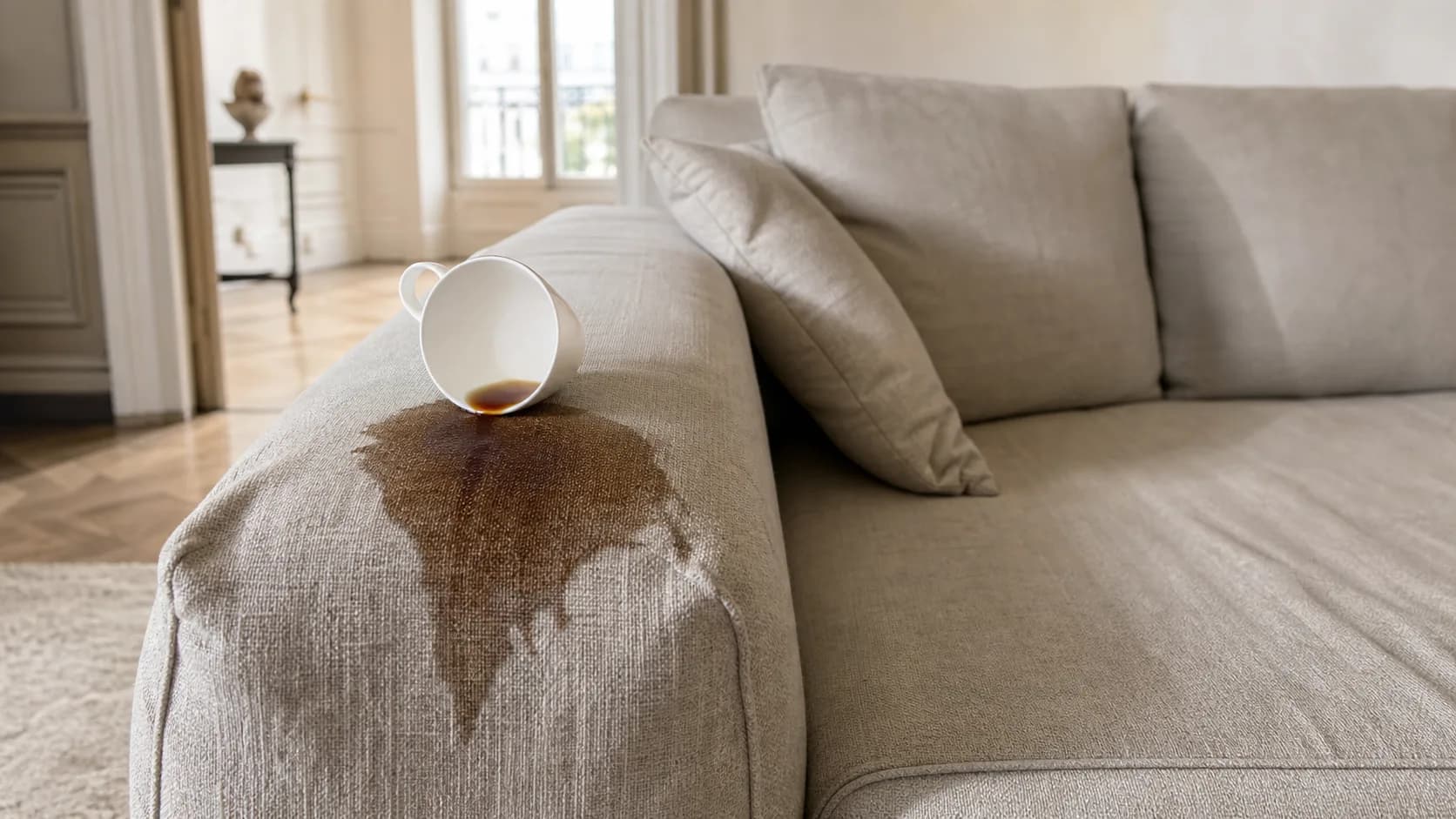 Tache de café sur un canapé en tissu