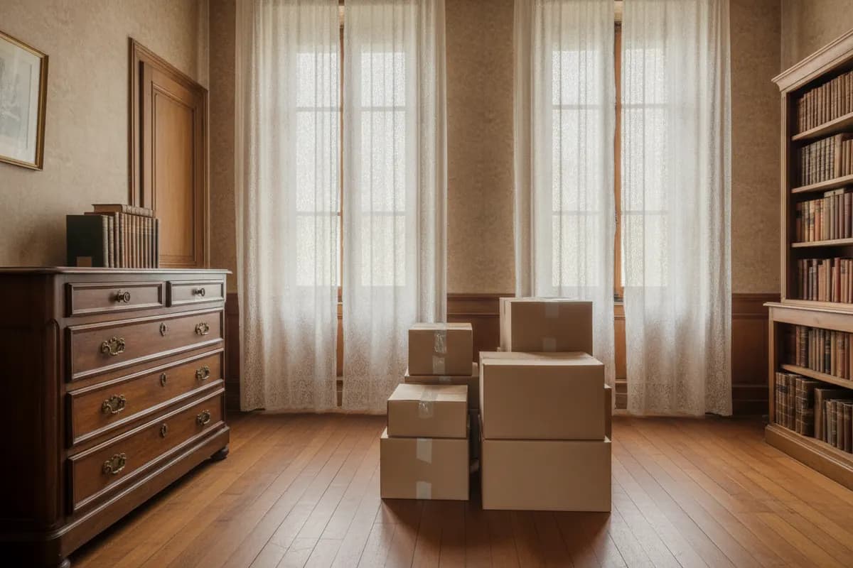 Pièce d'une maison de famille à vider après un décès, meubles anciens et cartons