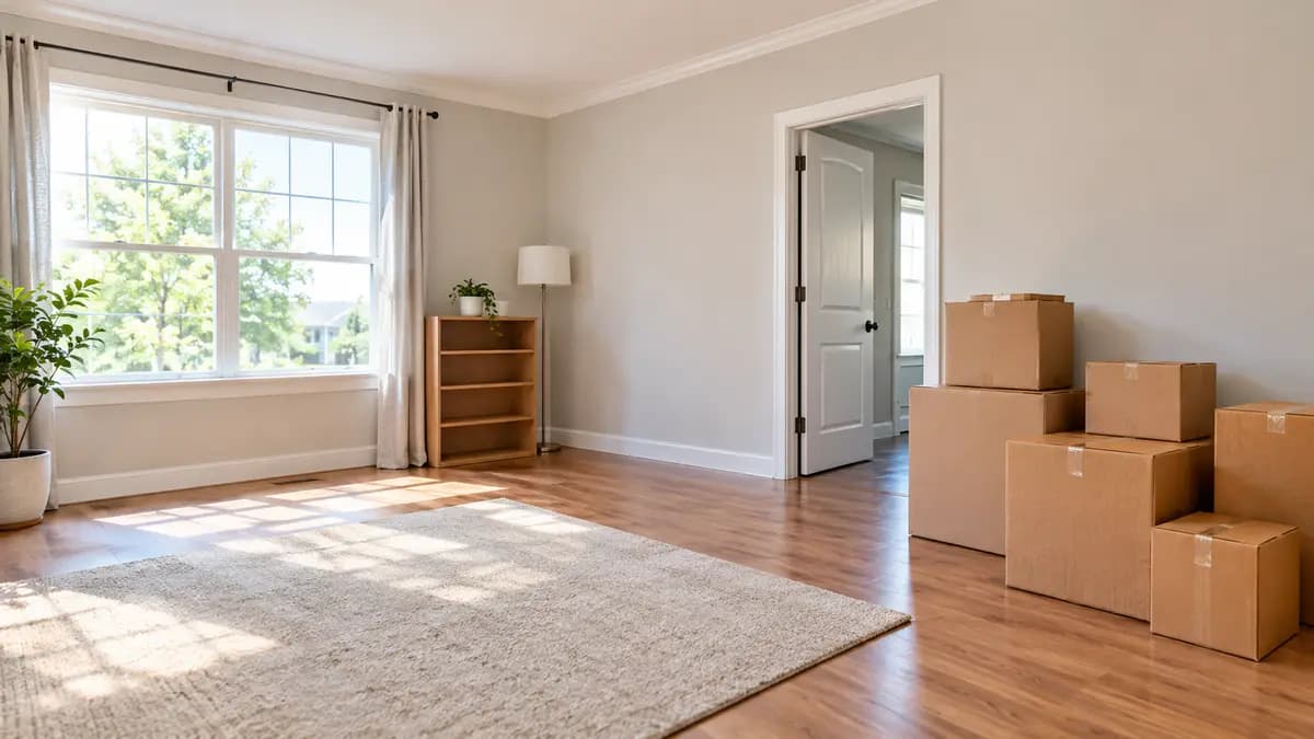 Pièce vide avec cartons de déménagement empilés, prête pour un débarras organisé en urgence