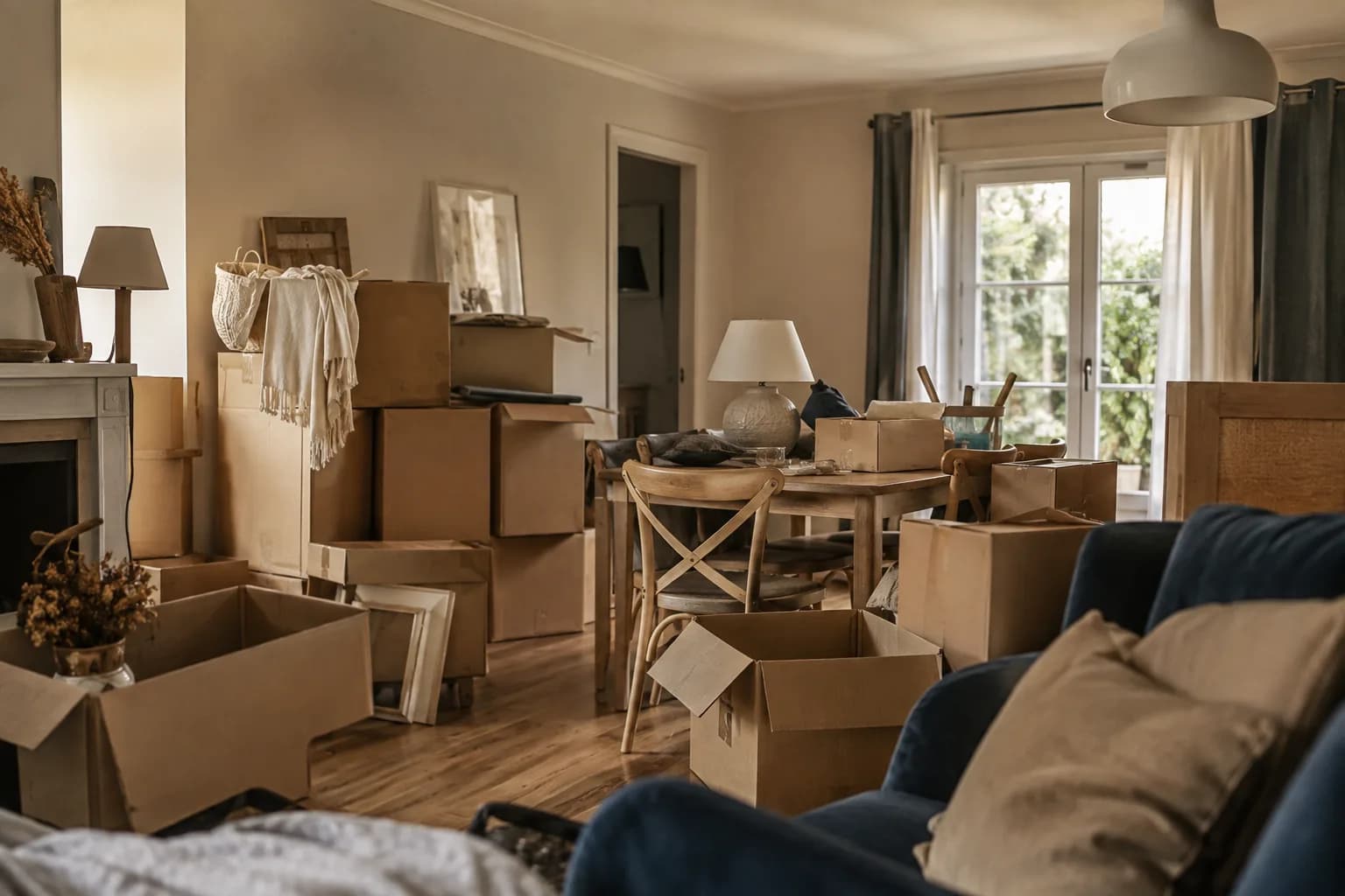 Pièce d'une maison encombrée de cartons et de mobilier personnel avant une mise en vente