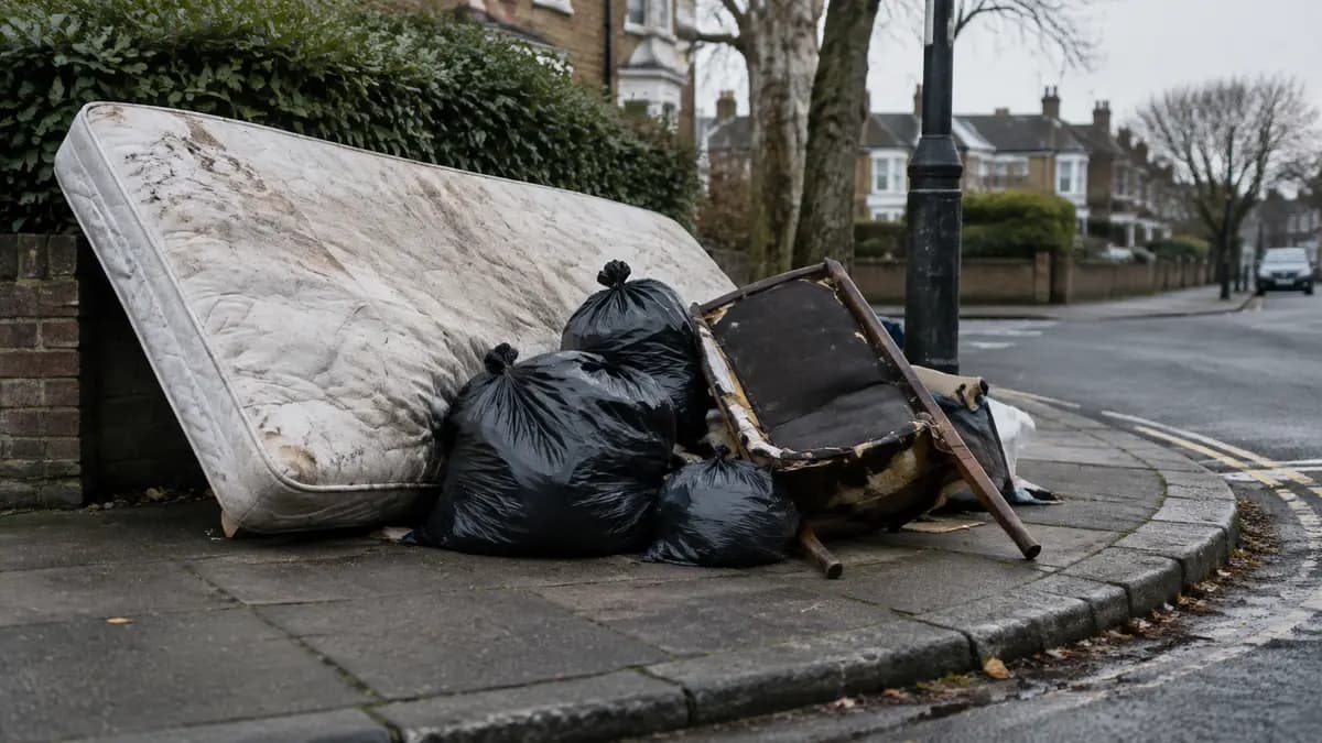 Matelas et mobilier abandonnés sur un trottoir, dépôt sauvage d'encombrants