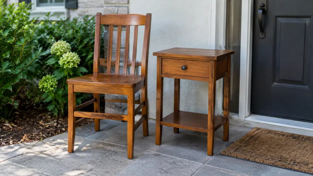 Chaise et petite table en bon état, prêtes pour un don, devant une entrée